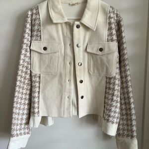 Mystree Cream Corduroy Jacket with Beige Houndstooth Sleeves